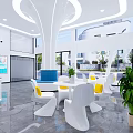 Modern Lounge Interior With White Chairs Yellow Cushions Blue Table Green Plants And Round Lights