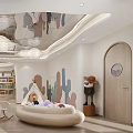 Colorful Kids Playground Interior With Cloud Ceiling Cactus Animal Wall Decor Bookshelves Rocking Chairs And Soft Seating