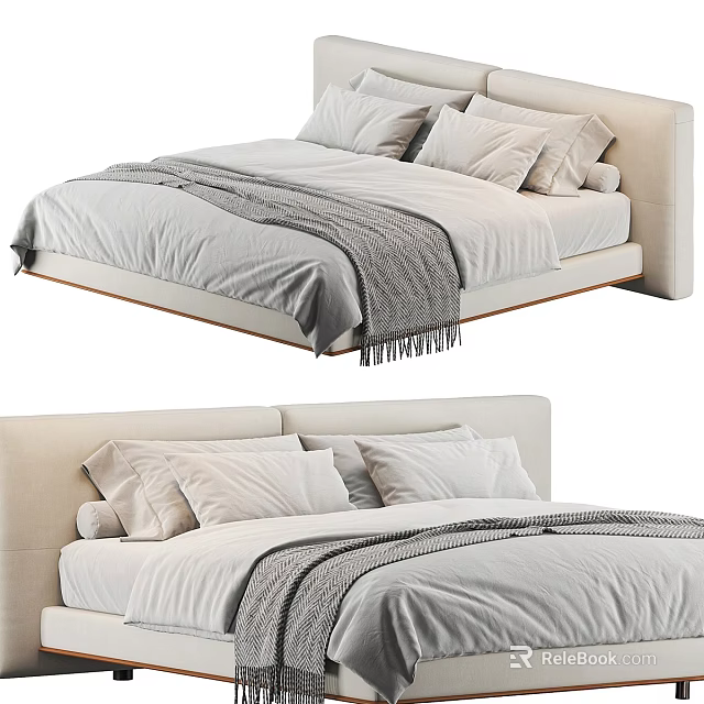 Modern Double Bed With Beige Headboard White Sheets Grey Blanket And Multiple Pillows 3d model