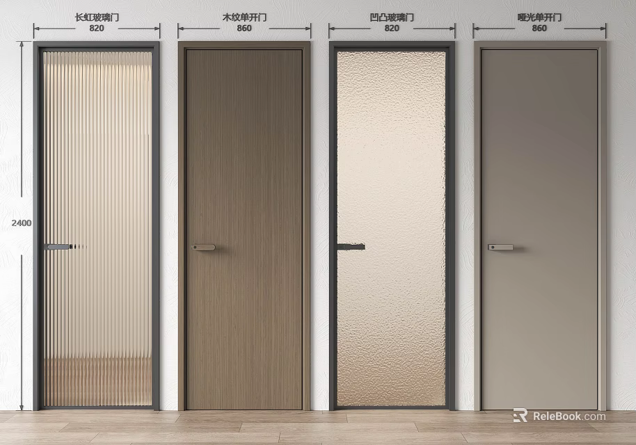 Various Hinged Door Styles With Wooden And Frosted Glass Panels For Modern Home Interior 3d model 