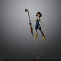 Animated Girl with Short Red Hair Blue Overalls Yellow Rain Boots Holding Colorful Umbrella 3D