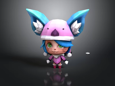 Cute Cartoon Character Design With Pink Hat Blue Ears Green Eyes And Pink Outfit 3d model