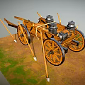 Ancient Wooden Chariot With Large Spoked Wheels Metal Containers And Spears