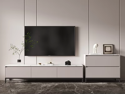 Modern Minimalist White TV Stand With Wall Mounted TV And Decorative Items On Marble Floor 3d model