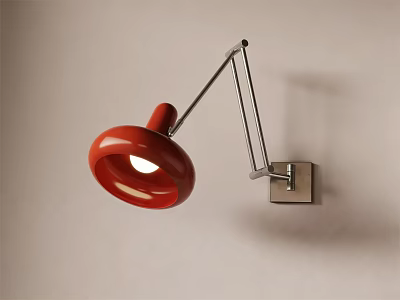 Red Wall Lamp with Adjustable Metal Arm Mounted on Beige Wall Illuminated Modern Design 3d model
