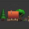 Cartoon Forest Scene With Green Trees Red Roof Log Cabin And Wooden Windows