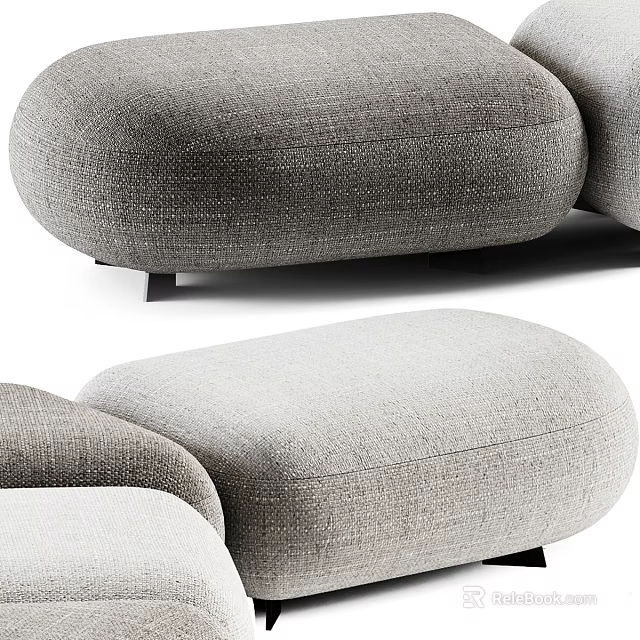 Modern Grey Fabric Ottoman With Round Shape And Black Base Legs Design 3d model 