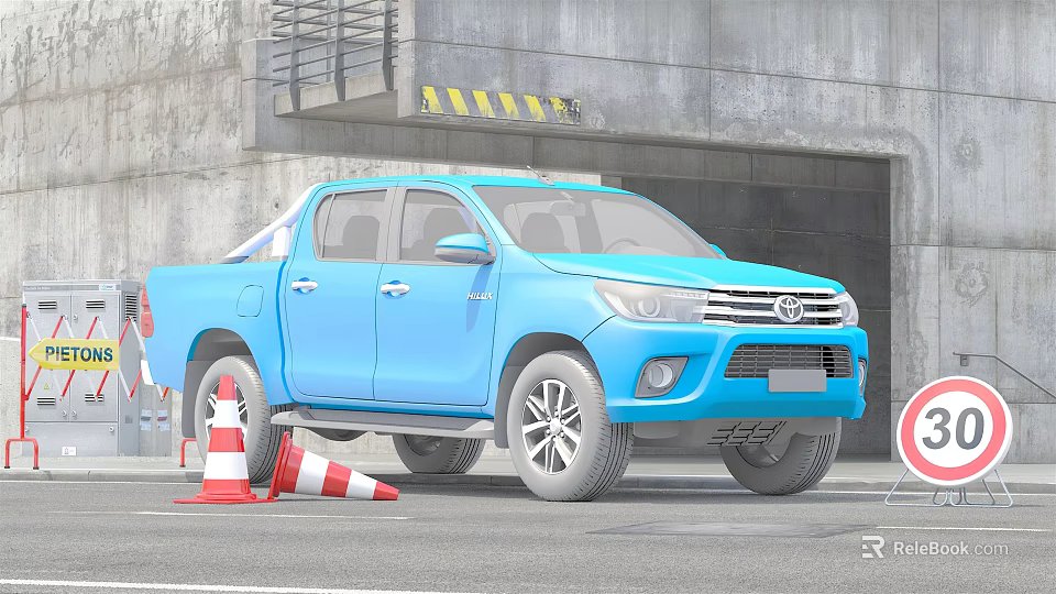 Blue Pickup Truck Parked By Concrete Garage With Traffic Cones And No Entry Sign 3d model 