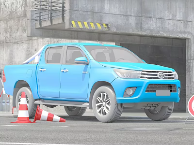 Blue Pickup Truck Parked By Concrete Garage With Traffic Cones And No Entry Sign 3d model