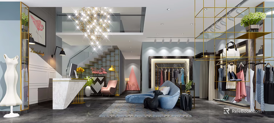 Modern Clothing Store Interior With Stylish Apparel Displays Chandelier And Sofa 3d model 