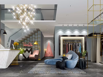 Modern Clothing Store Interior With Stylish Apparel Displays Chandelier And Sofa 3d model