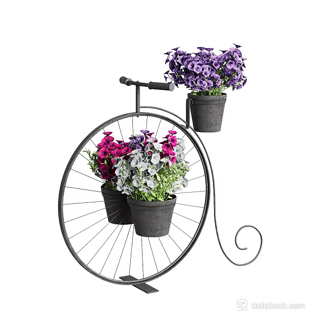 Colorful Flowers In Black Pots On Decorative Iron Bicycle Planter Stand 3d model 
