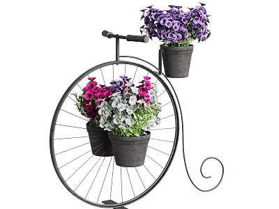 Colorful Flowers In Black Pots On Decorative Iron Bicycle Planter Stand 3d model