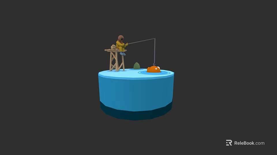 Wooden Fishing Sports Equipment Stand With Rod Orange Float On Blue Water Surface 3d model 
