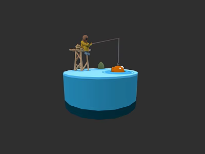 Wooden Fishing Sports Equipment Stand With Rod Orange Float On Blue Water Surface 3d model