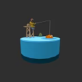 Wooden Fishing Sports Equipment Stand With Rod Orange Float On Blue Water Surface
