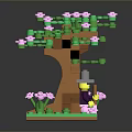 Lego Tree With Green Leaves Pink Flowers And A Small Figure Sitting Under It