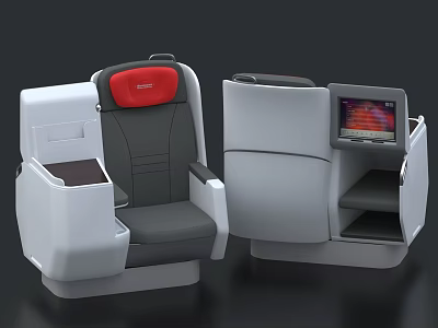 Business Class Airplane Seat With Red Headrest Gray Upholstery And Console Screen 3d model
