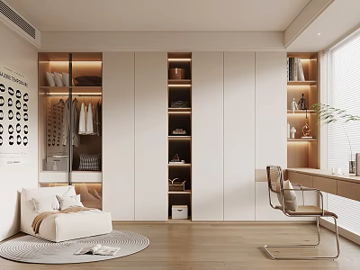 Modern Walk in Closet With Built in Storage and Seating Area 3d model