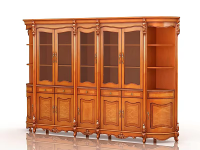 Elegant Classic Wooden Bookcase With Carved Details Glass Doors And Storage Drawers 3d model