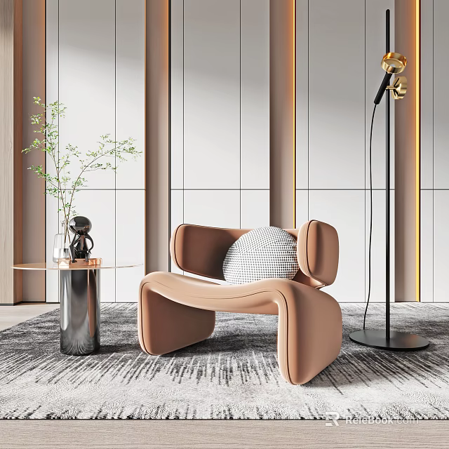 Modern Light Brown Leather Accent Chair With Side Table Plant Floor Lamp And Wall Design 3d model 