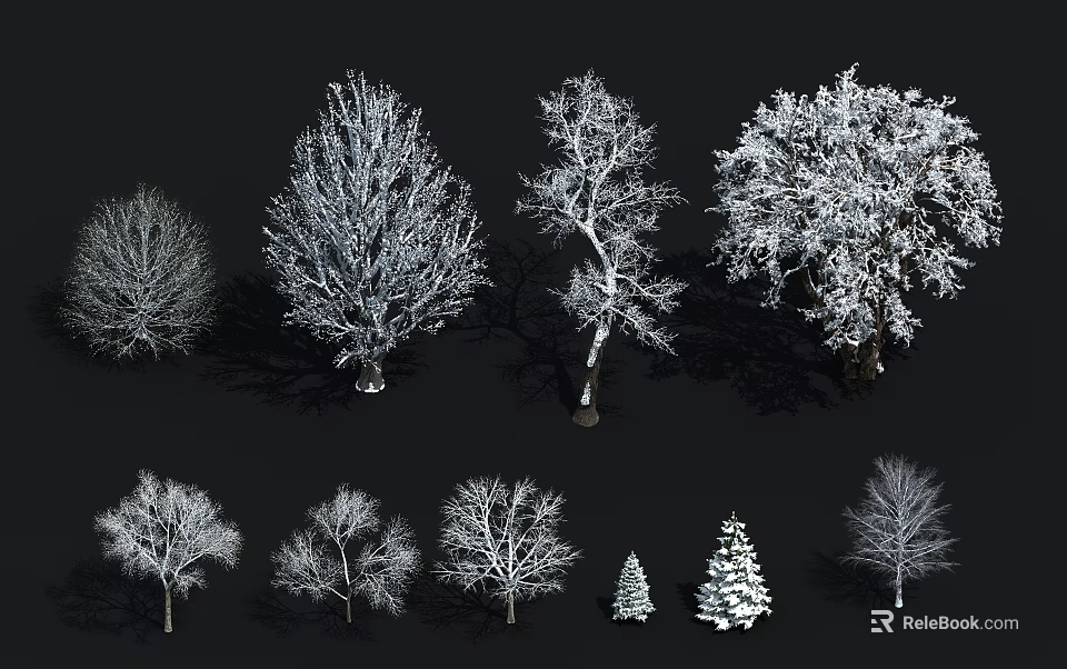 Various Snow Covered Arbor Trees with Different Branch Shapes and Sizes 3d model