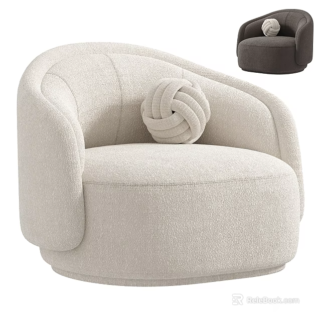 Modern Single Sofa In Beige Soft Plush Fabric With Curved Armrest And Knitted Knot Pillow 3d model 