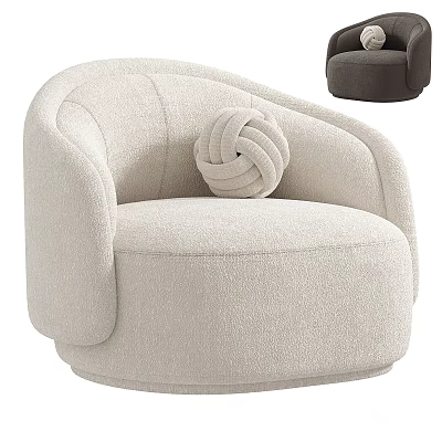 Modern Single Sofa In Beige Soft Plush Fabric With Curved Armrest And Knitted Knot Pillow 3d model
