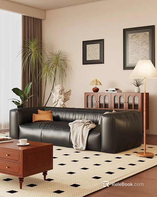 Black Leather Three Seater Sofa With Orange Cushion Gray Blanket And Coffee Table 3d model 