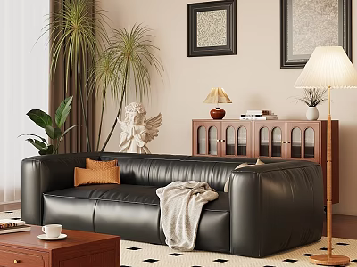 Black Leather Three Seater Sofa With Orange Cushion Gray Blanket And Coffee Table 3d model