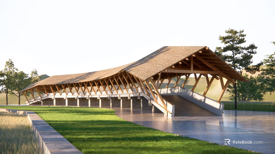 Wooden Pergola With Sloped Roof And Grass Lawn Near Stone Pathway And Pine Trees 3d model 