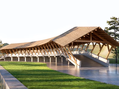 Wooden Pergola With Sloped Roof And Grass Lawn Near Stone Pathway And Pine Trees 3d model