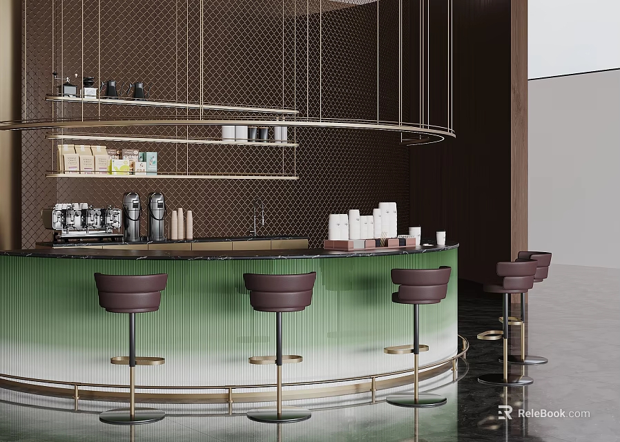 Green Gradient Bar Counter With Hanging Shelves Bottles Cups And Brown Bar Stools 3d model 