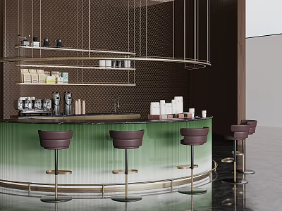 Green Gradient Bar Counter With Hanging Shelves Bottles Cups And Brown Bar Stools 3d model