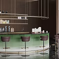Green Gradient Bar Counter With Hanging Shelves Bottles Cups And Brown Bar Stools