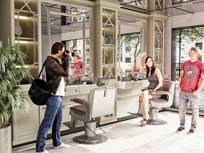 Modern Hair Salon Interior With Female Client In Styling Chair Photographer And Mirrored Walls 3d model