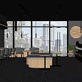 Modern Cafe Interior With Large Windows Long Counter Black Chairs Round Tables And Pendant Lights