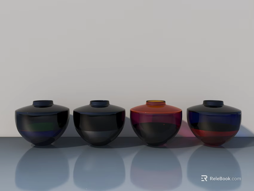Sofa and Coffee Table Set with Four Colored Bowls on Smooth Surface and Reflections 3d model 