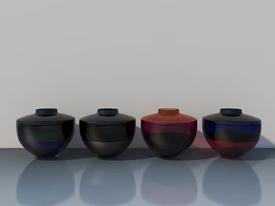 Sofa and Coffee Table Set with Four Colored Bowls on Smooth Surface and Reflections 3d model