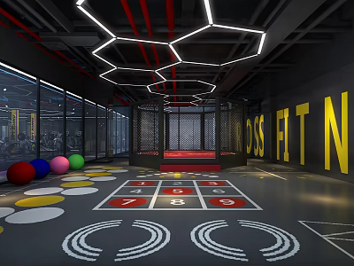 Modern CrossFit Gym Interior With Colorful Fitness Balls Numbered Floor Markers And Hexagon Lights 3d model