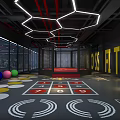 Modern CrossFit Gym Interior With Colorful Fitness Balls Numbered Floor Markers And Hexagon Lights