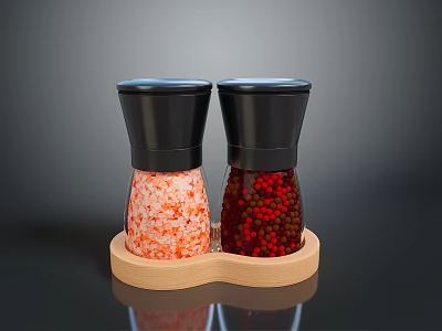 Double Salt Pepper Grinders Set With Black Top Transparent Body And Wooden Tray 3d model