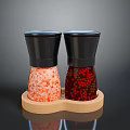 Double Salt Pepper Grinders Set With Black Top Transparent Body And Wooden Tray