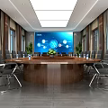 Modern Conference Room With Round Wooden Table Black Chairs Large Screen And Green Plants