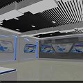 Modern Exhibition Hall Interior With Blue Lighting Multiple Display Screens And Glass Doors