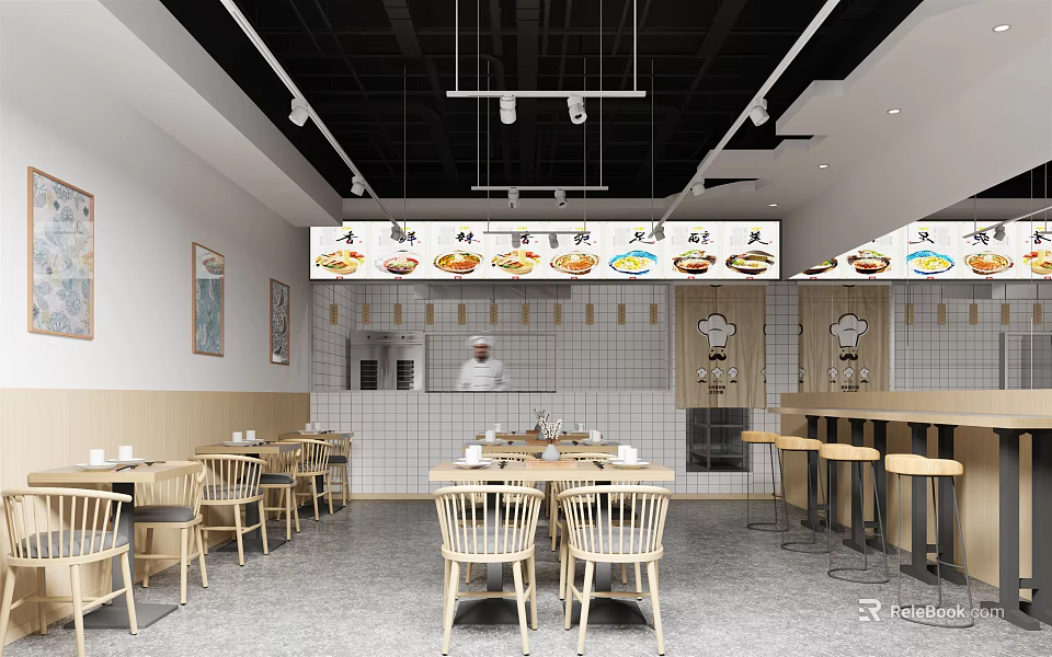 Modern Restaurant Interior With Wooden Tables Chairs Bar Counter And Wall Decor 3d model 