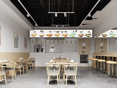 Modern Restaurant Interior With Wooden Tables Chairs Bar Counter And Wall Decor 3d model