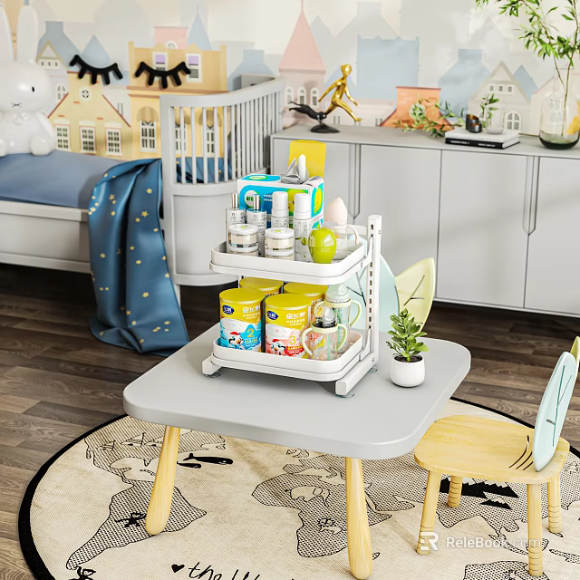 Practical Kids Table with Multi Layer Storage Rack Colorful Supplies and Child Chair 3d model 