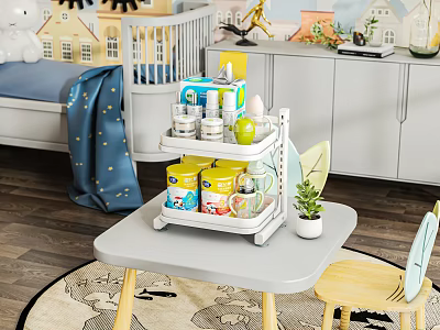 Practical Kids Table with Multi Layer Storage Rack Colorful Supplies and Child Chair 3d model
