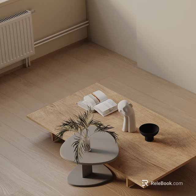 Light Modern Sofa And Wooden Coffee Table With Open Books White Figurine And Potted Plant 3d model 